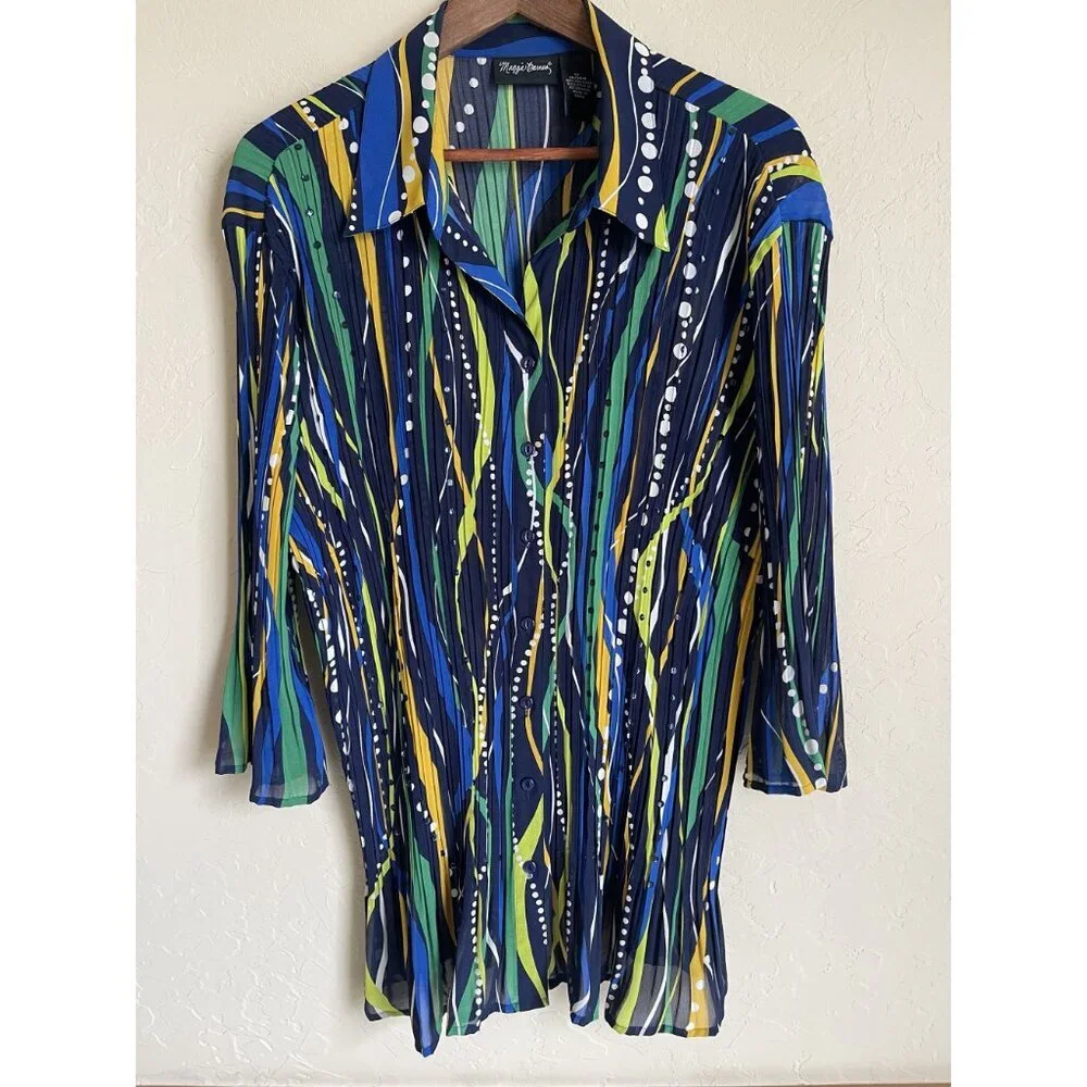 Maggie Barnes 1X Crinkle Collared Button Front Long Sleeve Shirt Cobalt Blue Yel